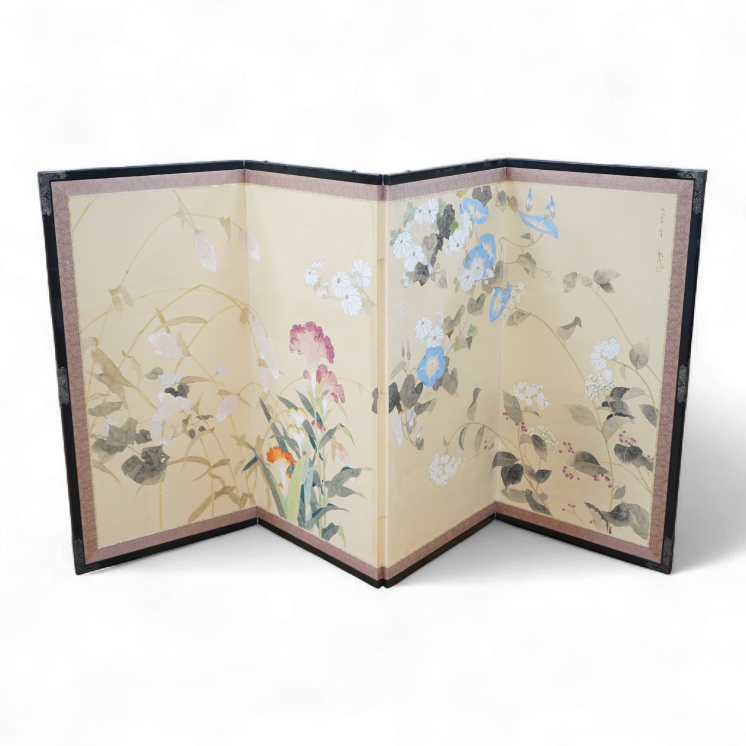 A Japanese four-fold floral painted screen, 92cm high
